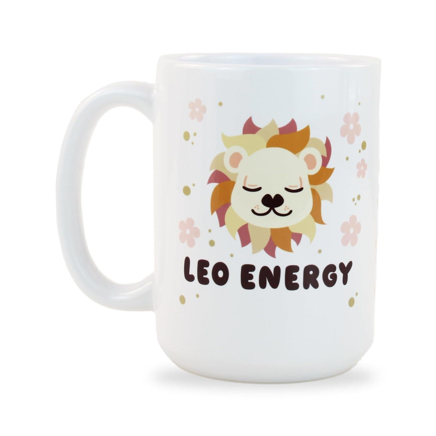 Tailorly White Ceramic 11 oz Mug - Leo Energy Adorable Cartoon Mane Character Among Small Twinkling Stars And Pink Flowers Lion