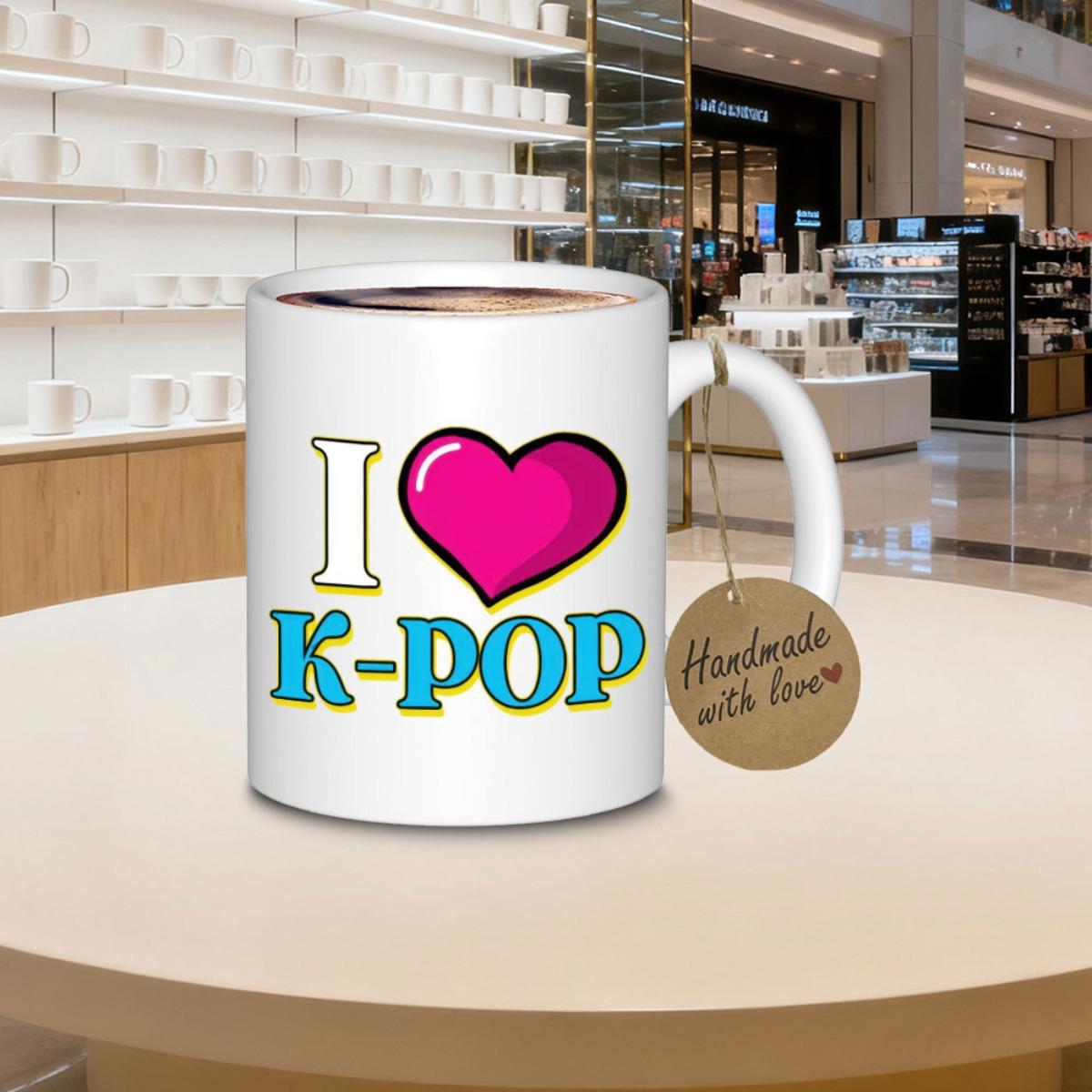 Tailorly White Ceramic 11 oz Mug - I K POP Vibrant Pink Heart Featuring Bold Blue Outlined Block Lettering Mug