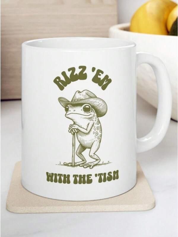 Tailorly White Ceramic 11 oz Mug - Rizz Em With The Tism Vintage Hand Drawn Frog Wearing A Cowboy Hat And Holding Cane Frog