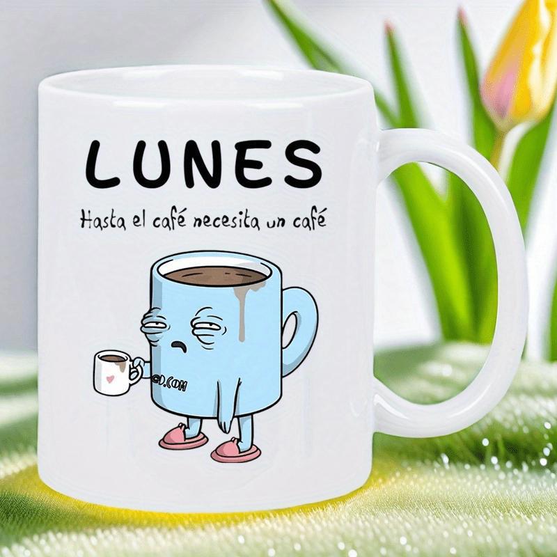 Tailorly White Ceramic 11 oz Mug - Exhausted Tired Blue Cartoon Character Wearing Slippers Holding Small Coffee Mug