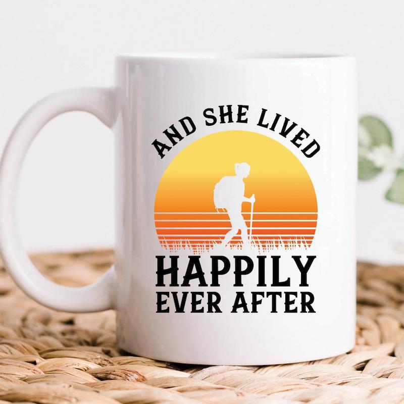 Tailorly White Ceramic 11 oz Mug - And She Lived Happily Ever After Vintage Sunset With A Lone Person Walking Through Nature Mountains Hiker