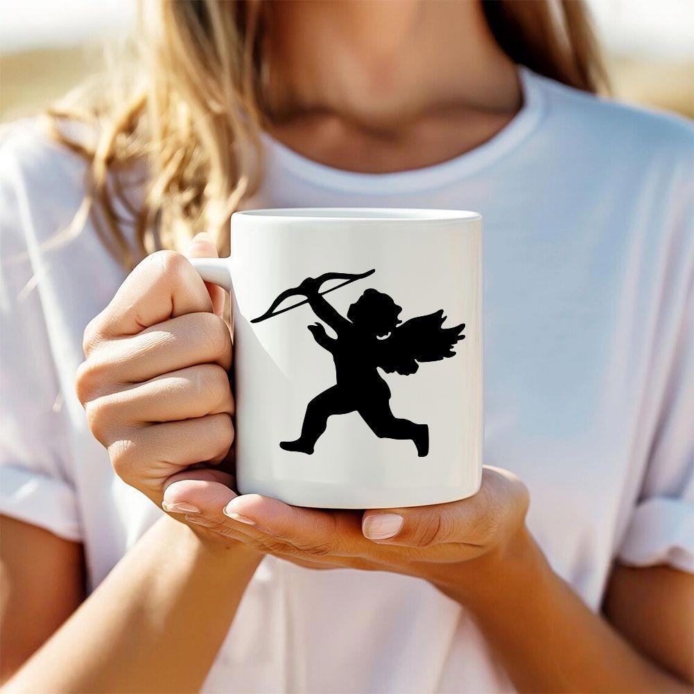 Tailorly White Ceramic 11 oz Mug - Silhouette Style Drawing Of A Winged Figure Holding A Bow Cupid
