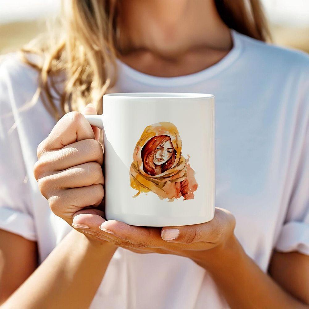 Tailorly White Ceramic 11 oz Mug - Artistic Red Haired Figure Wrapped In Golden Flowing Hooded Veil Woman