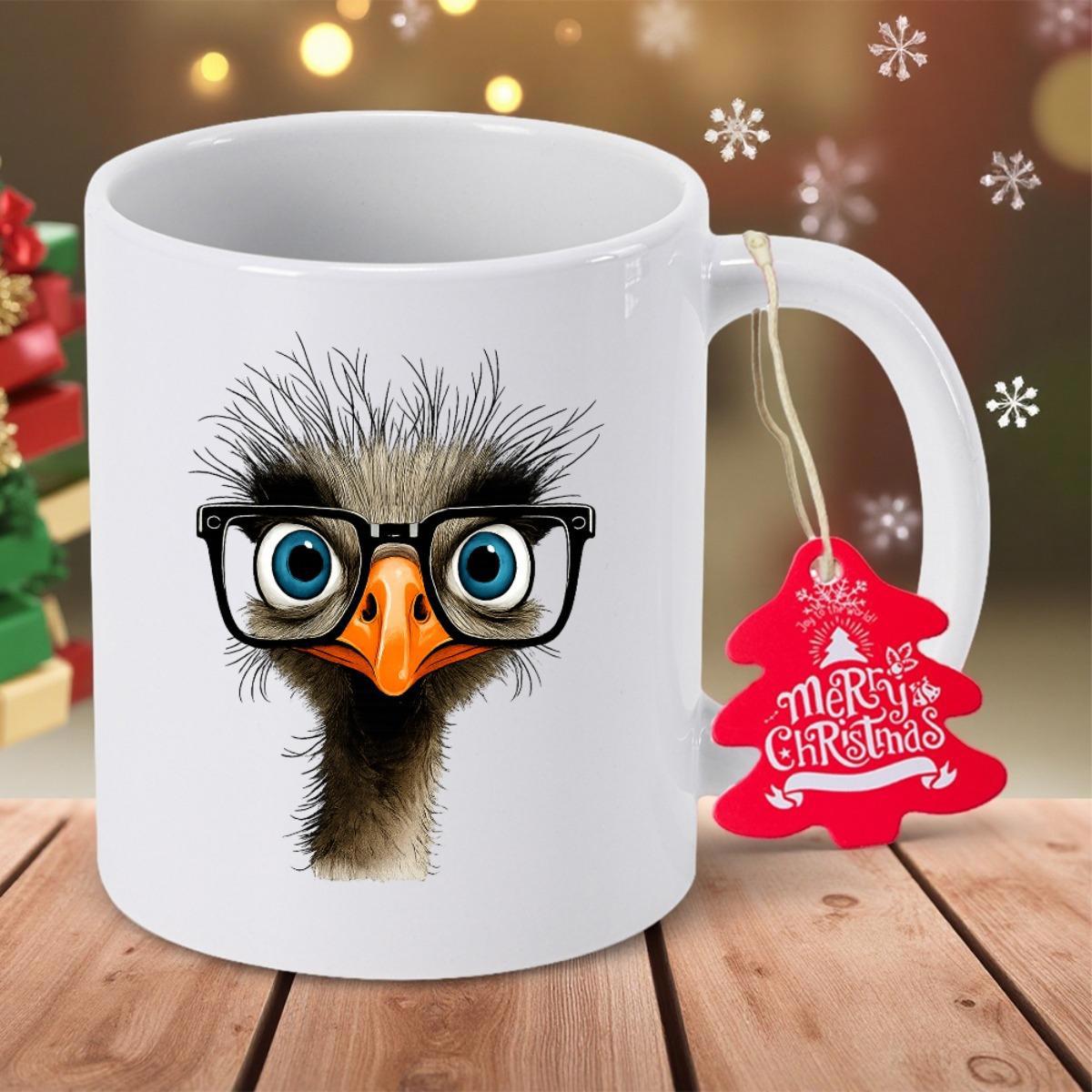 Tailorly White Ceramic 11 oz Mug - Merry Christmas Funny Scruffy Bird Wearing Thick Black Glasses With Blue Eyes Ostrich