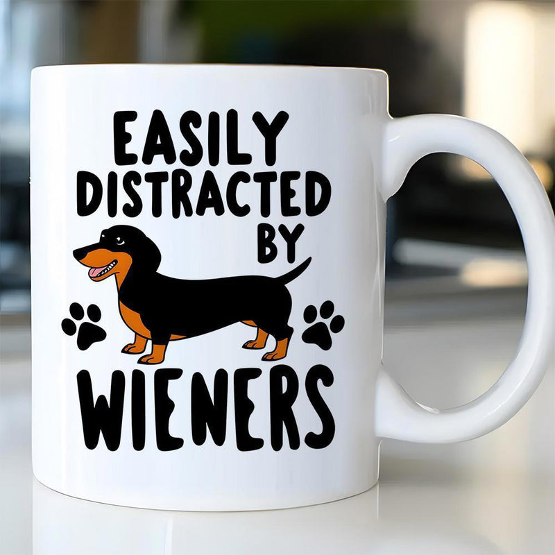 Tailorly White Ceramic 11 oz Mug - Easily Distracted By Wieners Handcrafted Metal Minimalist Cartoon Dog Silhouette With Paws Dachshund