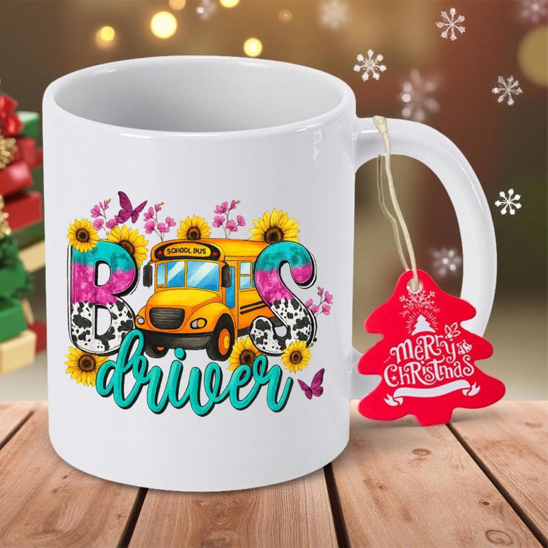 Tailorly White Ceramic 11 oz Mug - Bus Driver Vibrant Yellow School Bus Surrounded By Bright Sunflowers And Delicate Butterflies Bus