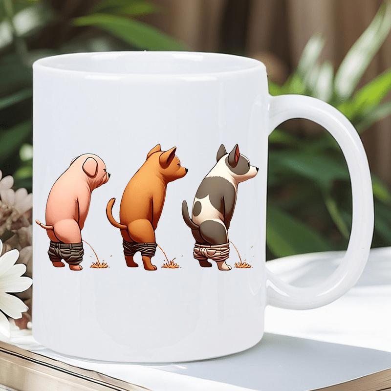 Tailorly White Ceramic 11 oz Mug - Funny Cartoon Animals Standing On Hind Legs Wearing Trousers While Urinating Dogs