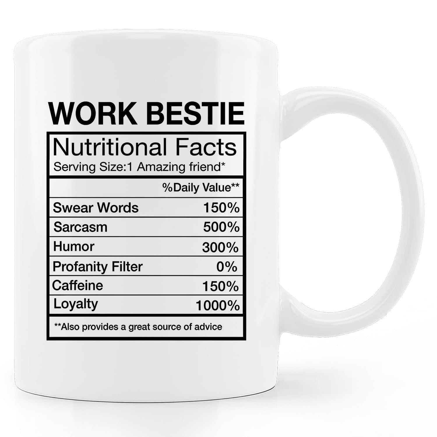 Tailorly White Ceramic 11 oz Mug - Work Bestie Nutritional Facts Detailed Information Label Chart Layout Printed On Simple