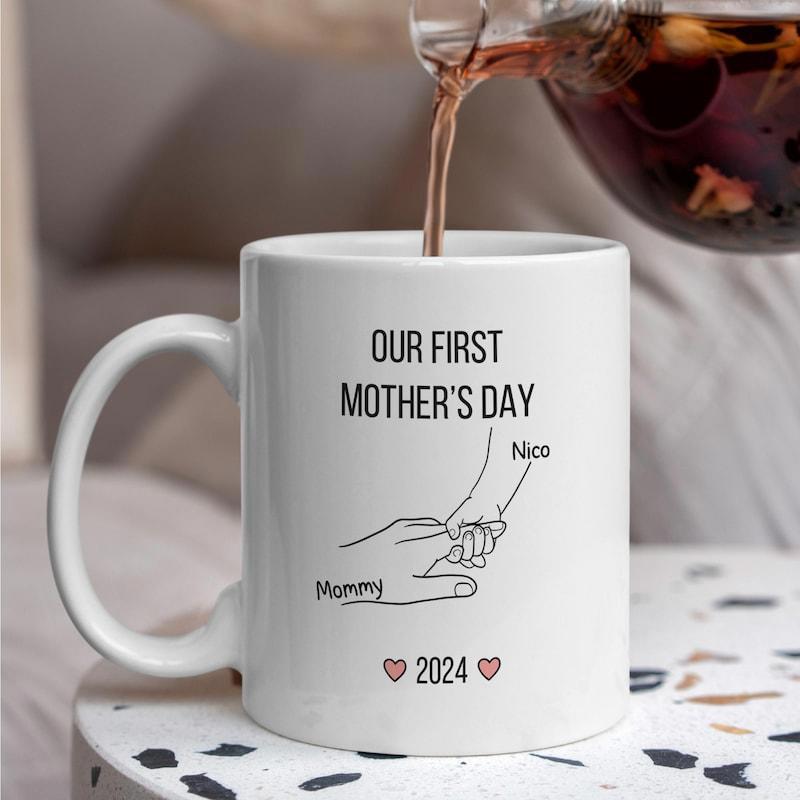 Tailorly White Ceramic 11 oz Mug - Our First Mothers Day Mommy Nico Minimalist Line Drawing Of Parent And Child Touching Fingers Gently Hand