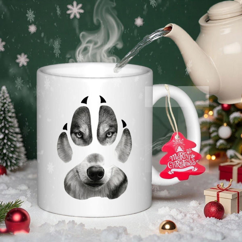 Tailorly White Ceramic 11 oz Mug - Merry Christmas Detailed Wolf Face Set Inside A Wild Canine Paw Print Wolf