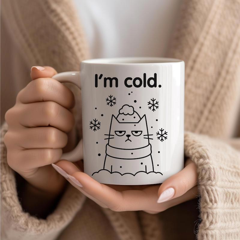 Tailorly White Ceramic 11 oz Mug - Im Cold Grumpy Line Art Feline Wearing Winter Hat And Scarf Amidst Snowflakes Cat