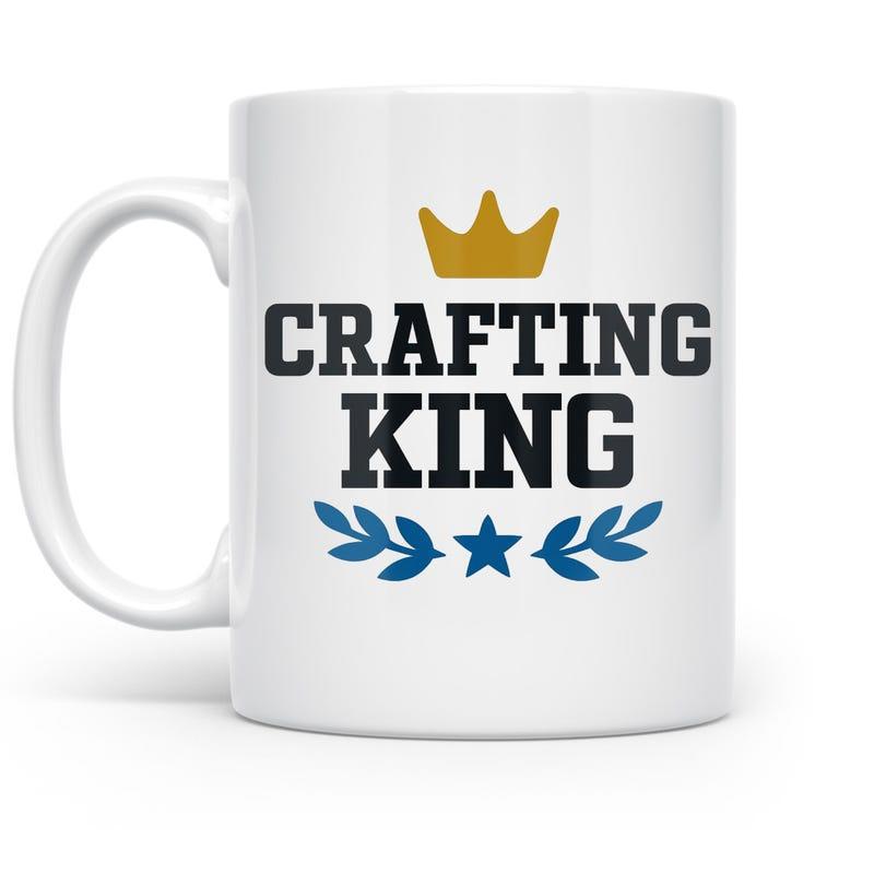 Tailorly White Ceramic 11 oz Mug - Crafting King Golden Crown With Blue Laurel Branches And Centered Star Mug