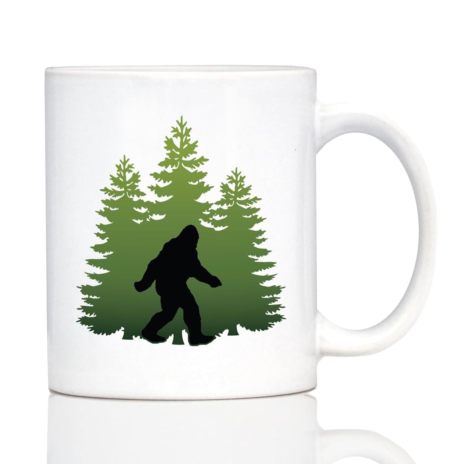 Tailorly White Ceramic 11 oz Mug - Mysterious Mythical Creature Walking Through Dense Green Evergreen Pine Trees Sasquatch