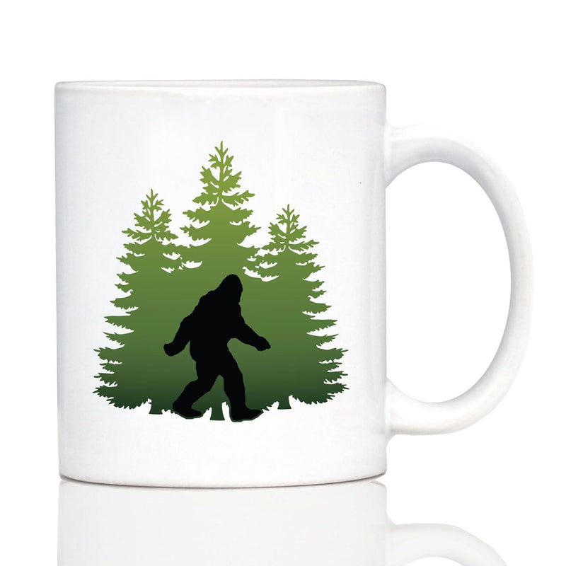 Tailorly White Ceramic 11 oz Mug - Mysterious Mythical Creature Walking Through Dense Green Evergreen Pine Trees Sasquatch