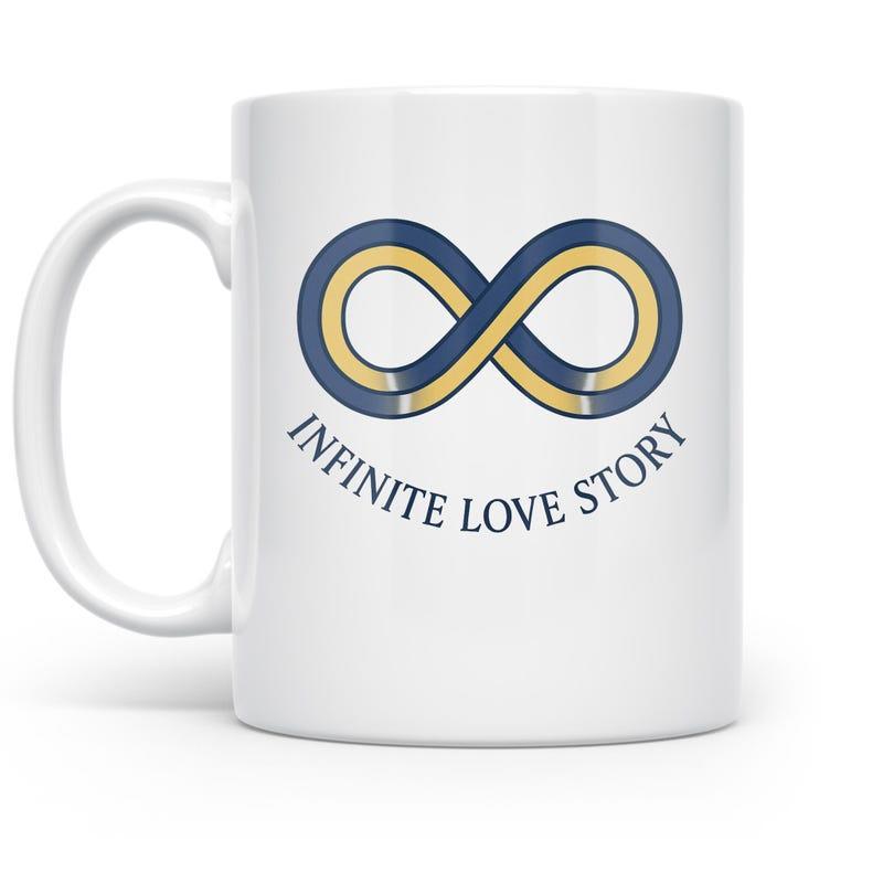Tailorly White Ceramic 11 oz Mug - Infinite Love Story Intertwined Blue And Gold Decorative Ribbon Forming A Continuous Loop Infinity