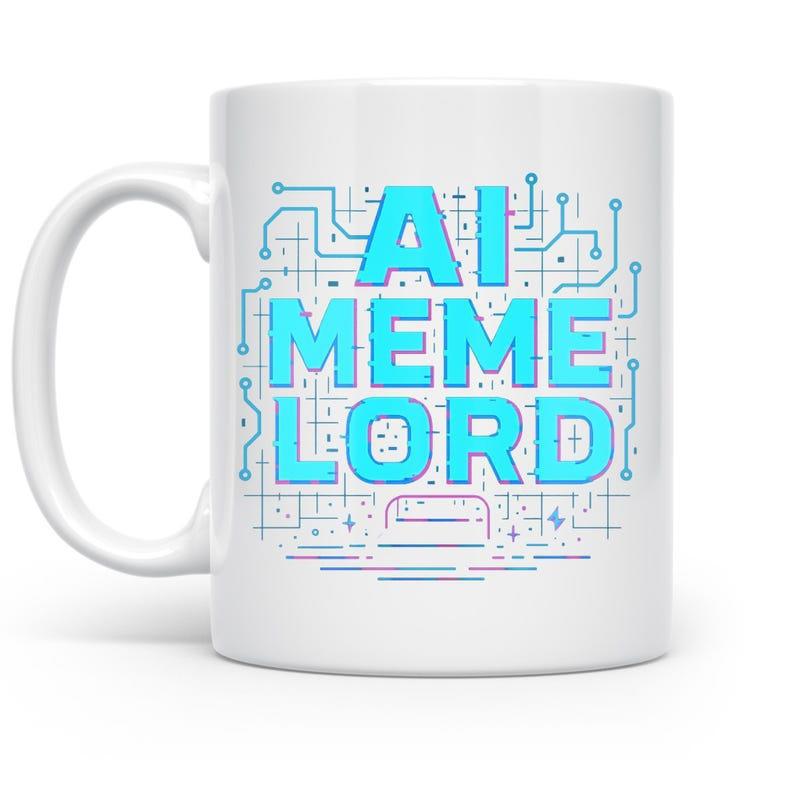 Tailorly White Ceramic 11 oz Mug - AI Meme Lord Cybernetic Circuits With Geometric Digital Grid Lines And Tech Pattern