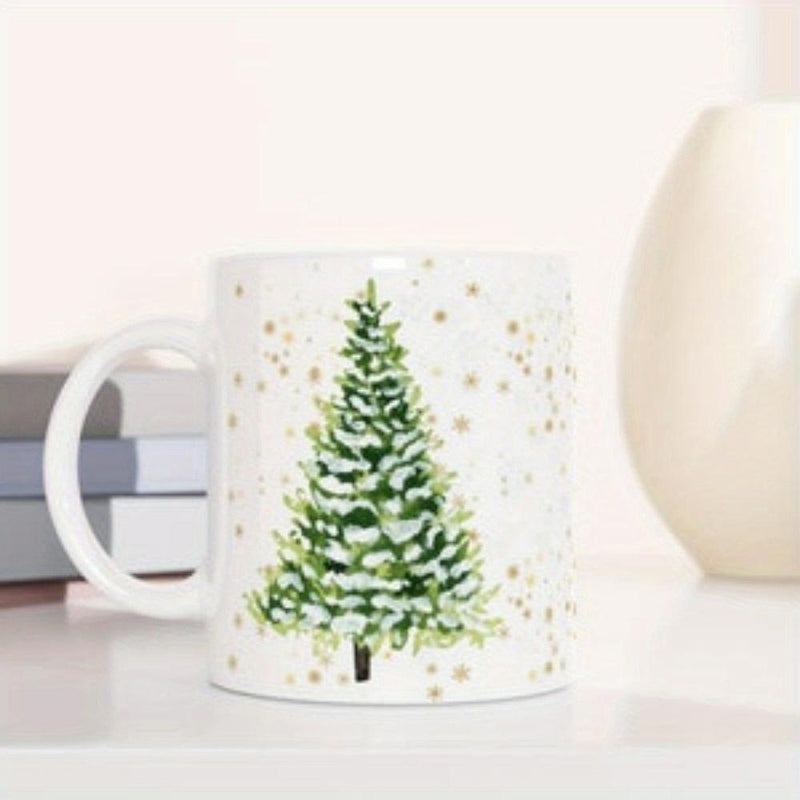 Tailorly White Ceramic 11 oz Mug - Snowy Evergreen Branching Out With Golden Sparkling Winter Lights Tree