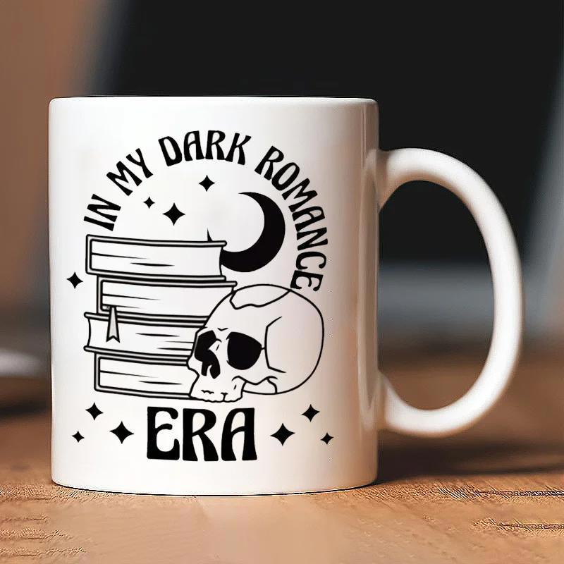 Tailorly White Ceramic 11 oz Mug - In My Dark Romance Era Mysterious Stack Of Old Books Under Crescent Moon With Shimmering Stars Skull