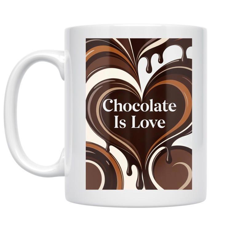 Tailorly White Ceramic 11 oz Mug - Chocolate Is Love Swirling Melted Cocoa Dripping Into A Sweet Delicious Patterned Heart