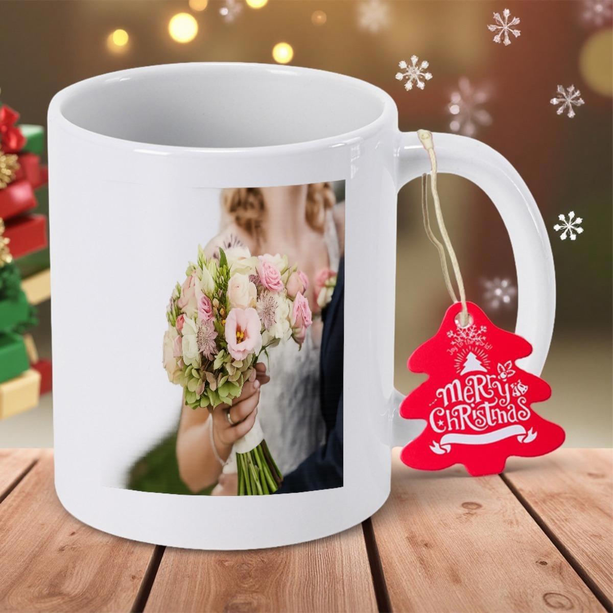 Tailorly White Ceramic 11 oz Mug - Merry Christmas Beautiful Arrangement Of Pink Roses Held By A Bride During Wedding Bouquet