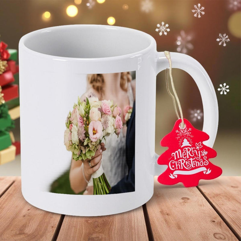 Tailorly White Ceramic 11 oz Mug - Merry Christmas Beautiful Arrangement Of Pink Roses Held By A Bride During Wedding Bouquet