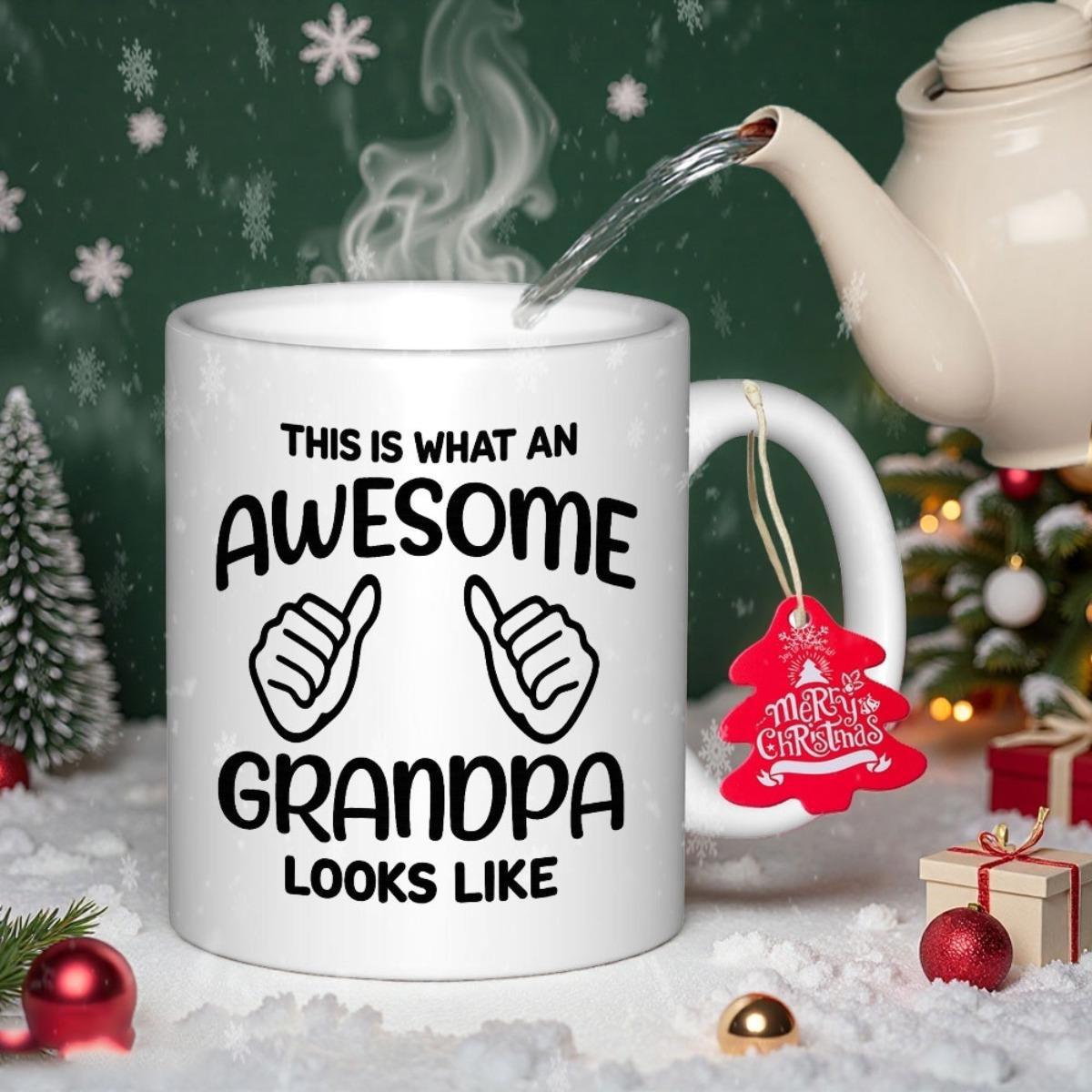 Tailorly White Ceramic 11 oz Mug - This Is What An Awesome Grandpa Looks Like Clean Minimalist Line Art Illustrating Double Thumbs Up Sign On Ceramic Mug