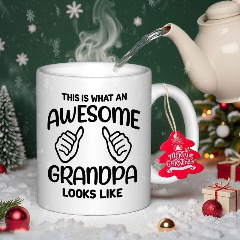 Tailorly White Ceramic 11 oz Mug - This Is What An Awesome Grandpa Looks Like Clean Minimalist Line Art Illustrating Double Thumbs Up Sign On Ceramic Mug