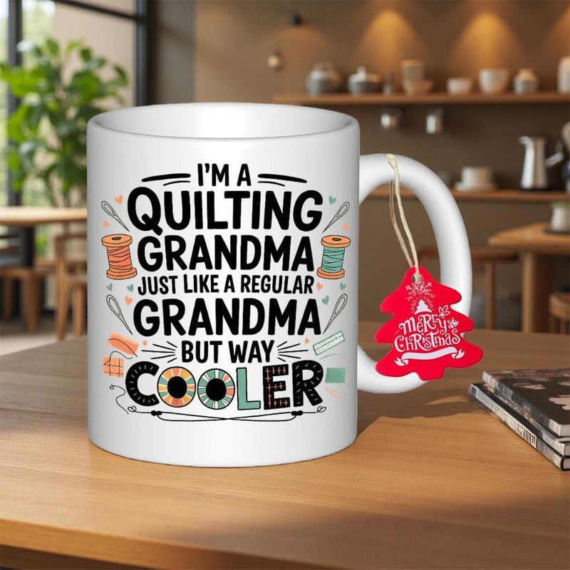 Tailorly White Ceramic 11 oz Mug - Im A Quilting Grandma Just Like A Regular Grandma But Way Cooler Vintage Colorful Thread Spools With Silver Sewing Needles And