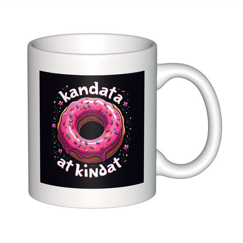 Tailorly White Ceramic 11 oz Mug - Kandata At Kindat Sweet Pink Glazed Donut With Colorful Sprinkles Over Square Black Background Donut
