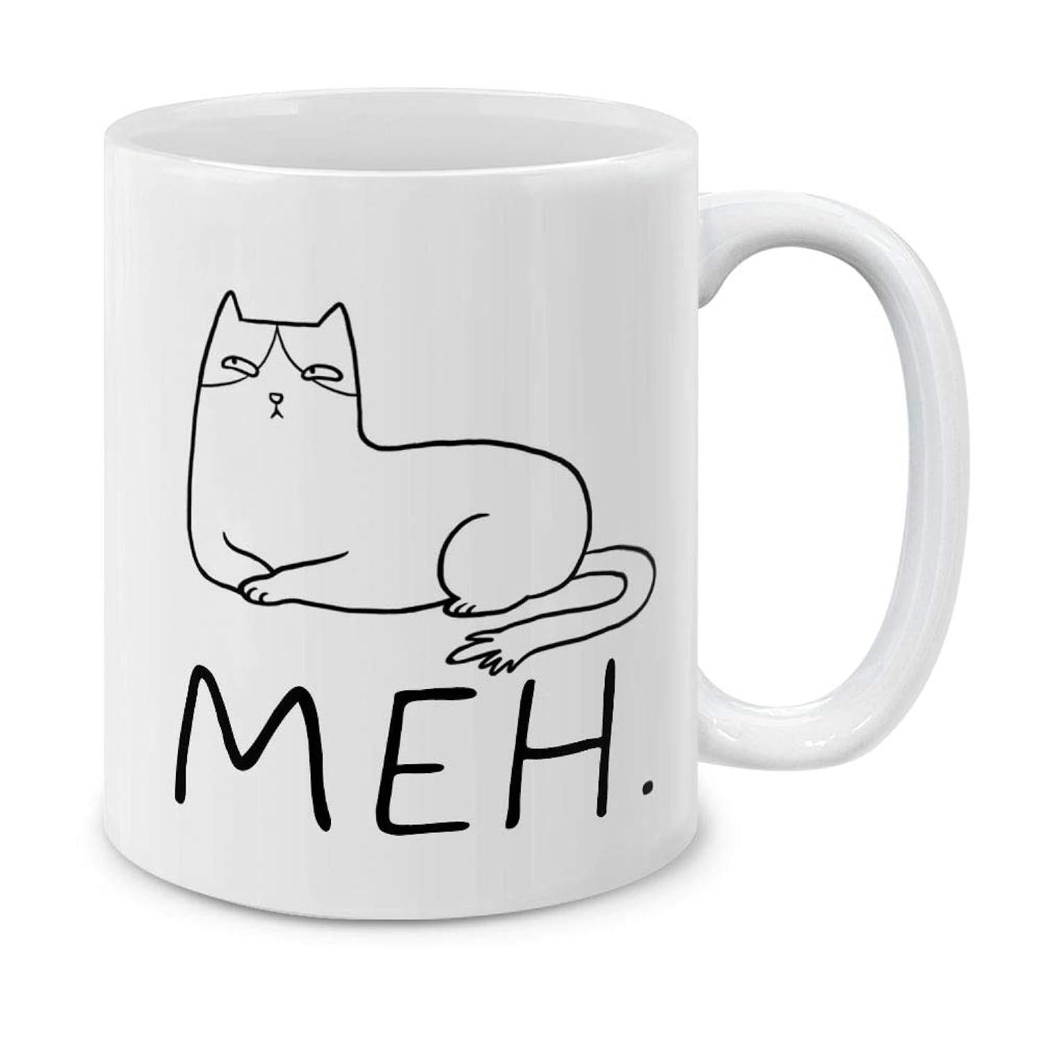 Tailorly White Ceramic 11 oz Mug - Meh Minimalist Black Line Sketch Of A Grumpy Indifferent Resting Feline Cat