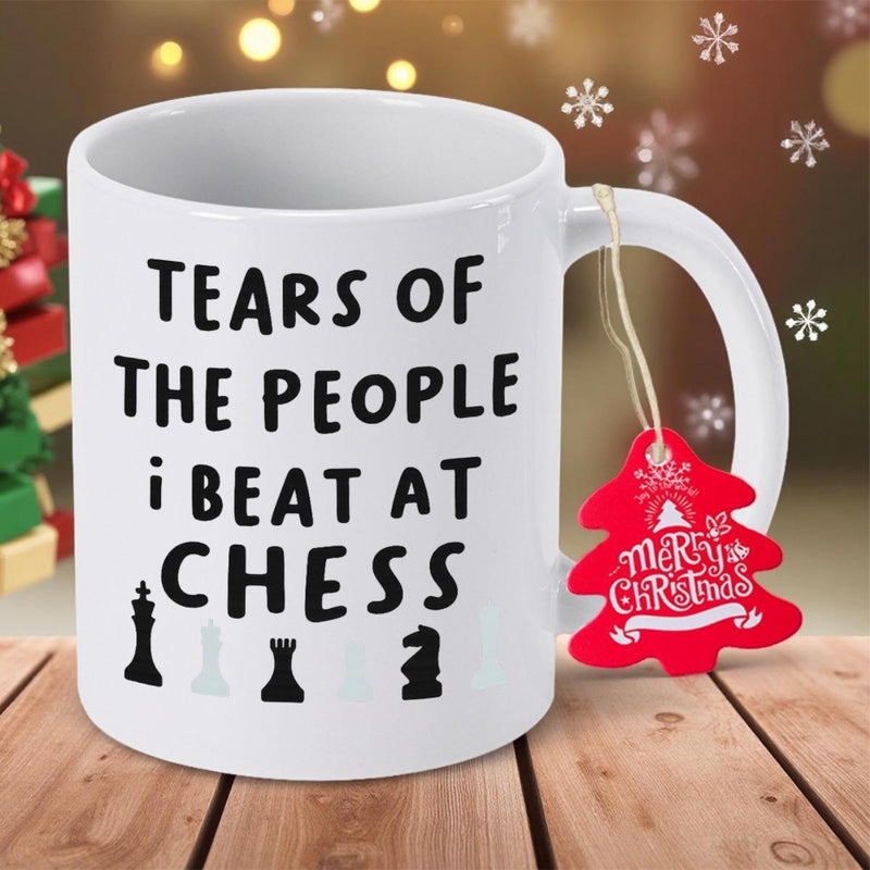 Tailorly White Ceramic 11 oz Mug - Tears Of The People I Beat At Chess Minimalist Black Silhouettes Of Strategic Gaming Pieces Under Bold Playful Chess
