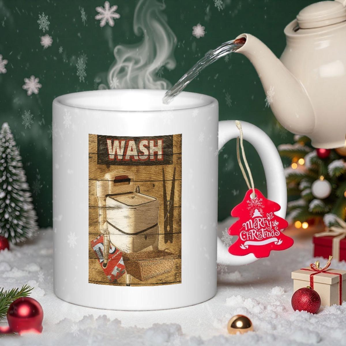 Tailorly White Ceramic 11 oz Mug - Wash Vintage Style Old Fashioned Laundry Tub Against Rustic Wooden Background Washing Machine