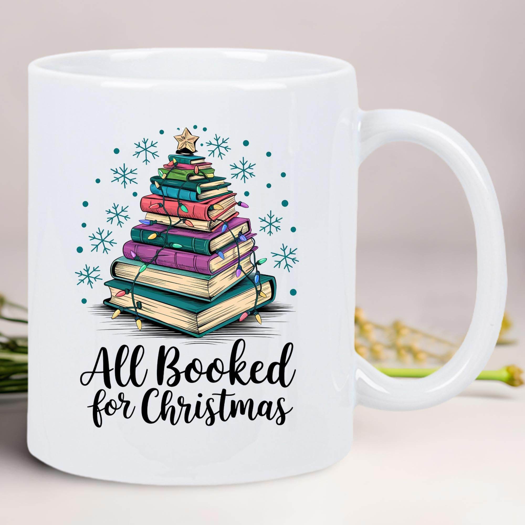 Tailorly White Ceramic 11 oz Mug - All Booked For Christmas Festive Stacked Colorful Books Topped With Star Amid Falling Snowflakes Christmas Tree