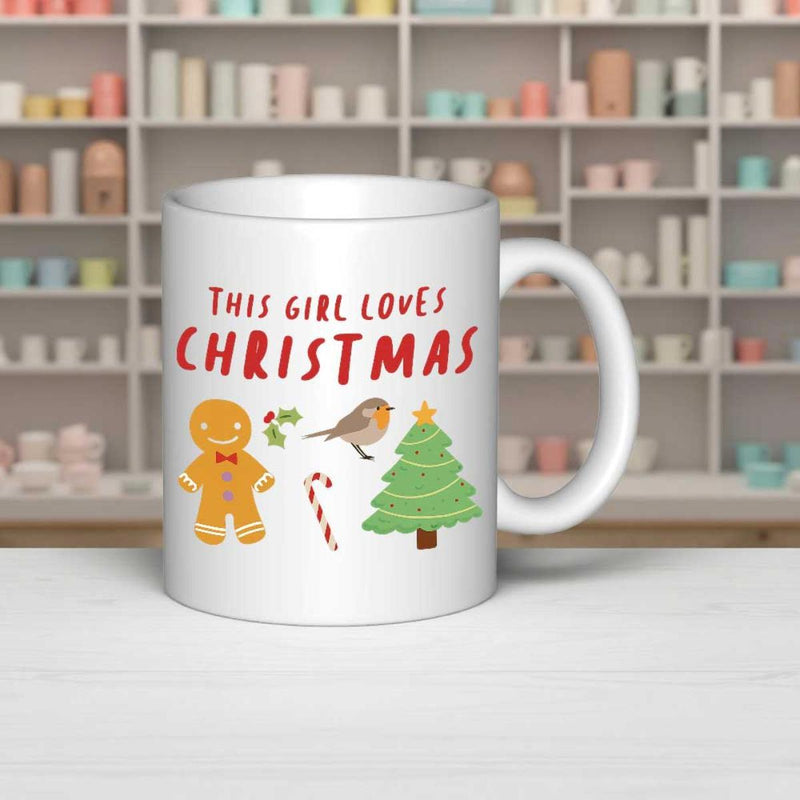 Tailorly White Ceramic 11 oz Mug - This Girl Loves Christmas Festive Gingerbread Man And Small Robin Beside A Decorated Green Christmas Tree