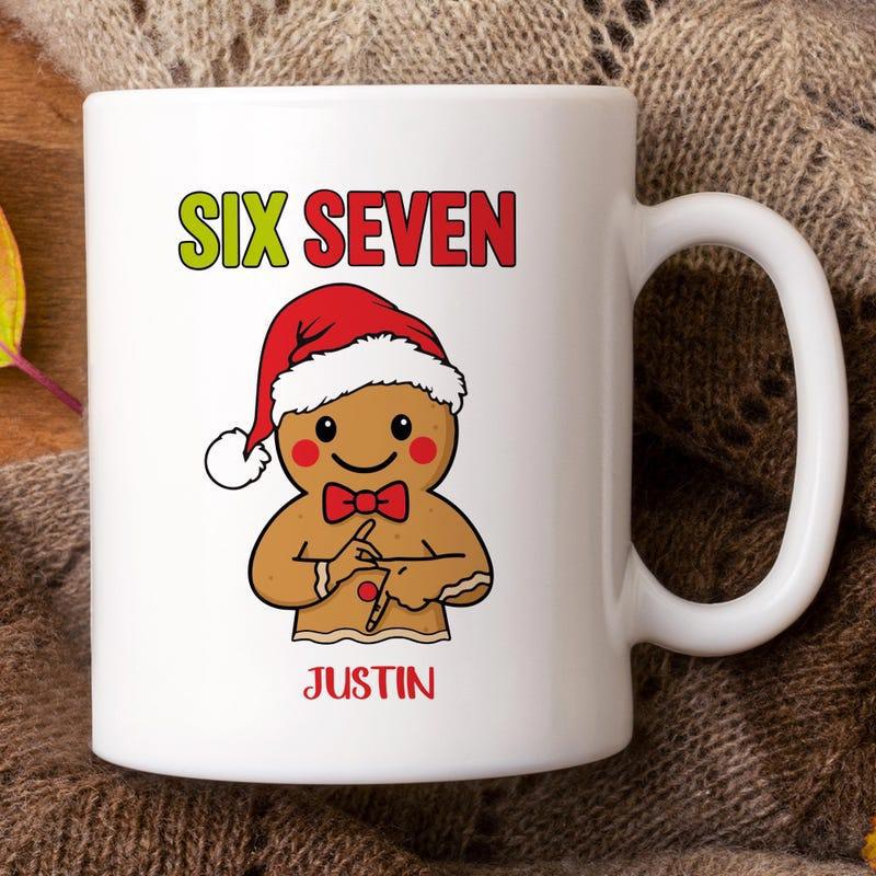 Tailorly White Ceramic 11 oz Mug - Six Seven Justin Festive Cartoon Cookie Character Wearing A Red Santa Hat And Bowtie Gingerbread Man