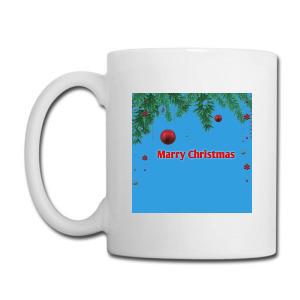 Tailorly White Ceramic 11 oz Mug - Marry Christmas Festive Green Pine Branches With Red Ornaments Among Vibrant Blue Sky Mug