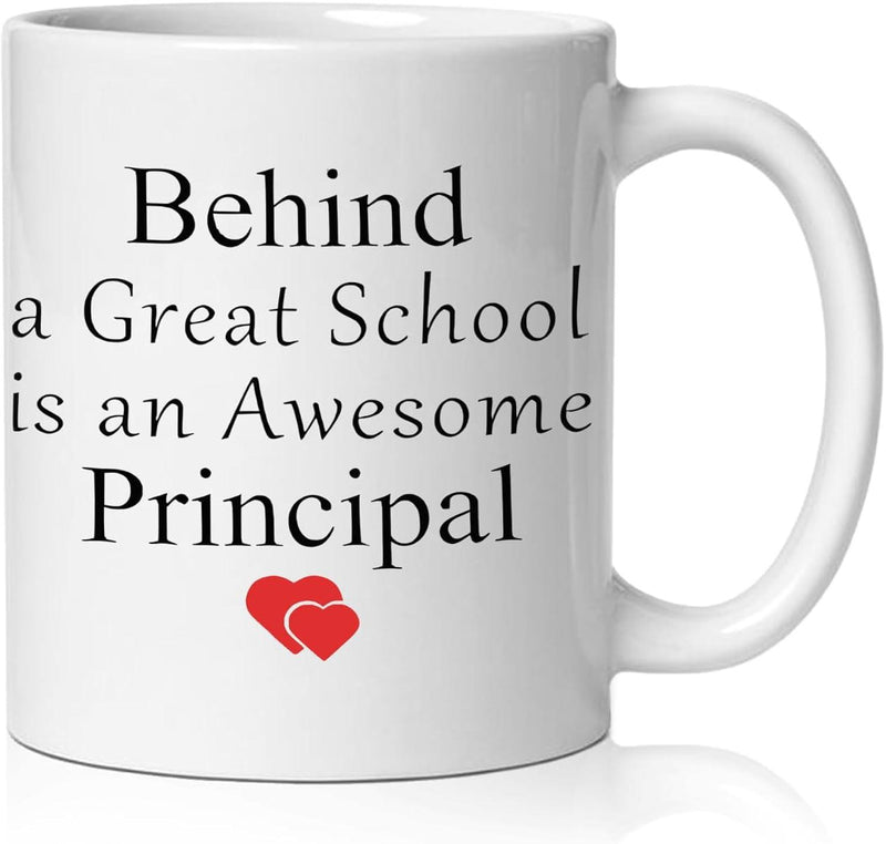 Tailorly White Ceramic 11 oz Mug - Behind A Great School Is An Awesome Principal Simple Elegant Black Typography With Two Small Red Heart