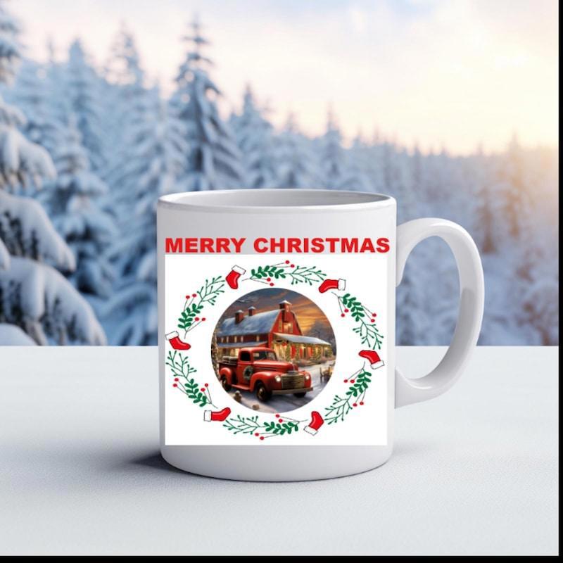 Tailorly White Ceramic 11 oz Mug - Merry Christmas Red Vintage Truck Resting Before A Snow Covered Winter Country House Wreath Truck