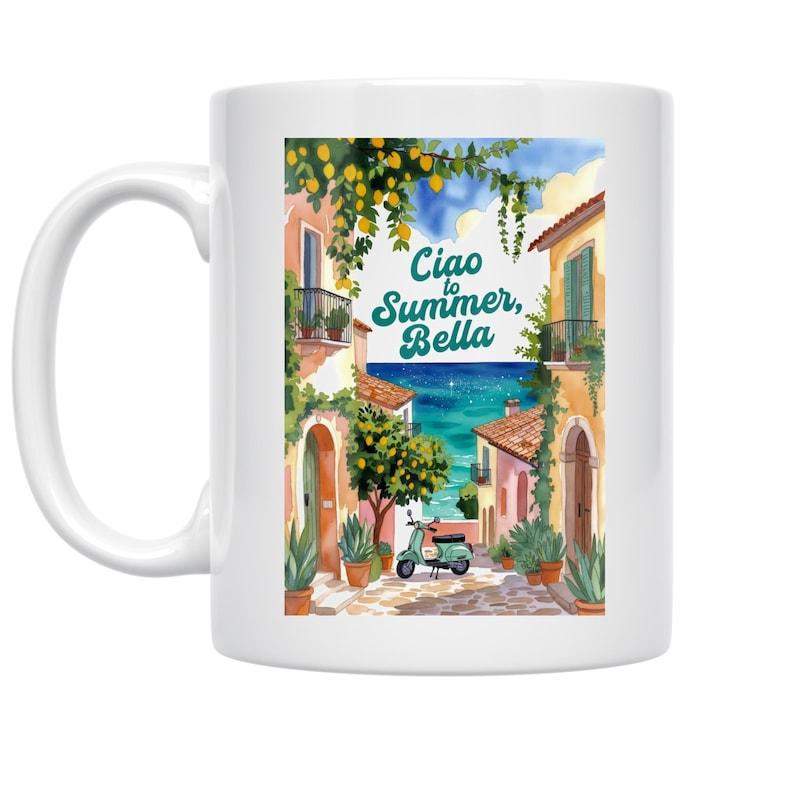 Tailorly White Ceramic 11 oz Mug - Ciao Summer Bella Watercolor Italian Coastal Street With Lemons And A Vintage Blue Scooter Landscape