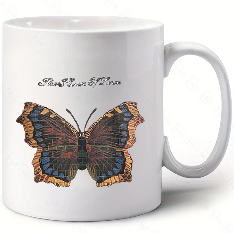 Tailorly White Ceramic 11 oz Mug - Silver Power Of Flora Intricately Detailed Vintage Brown Winged Insect With Blue Spot Patterns Butterfly