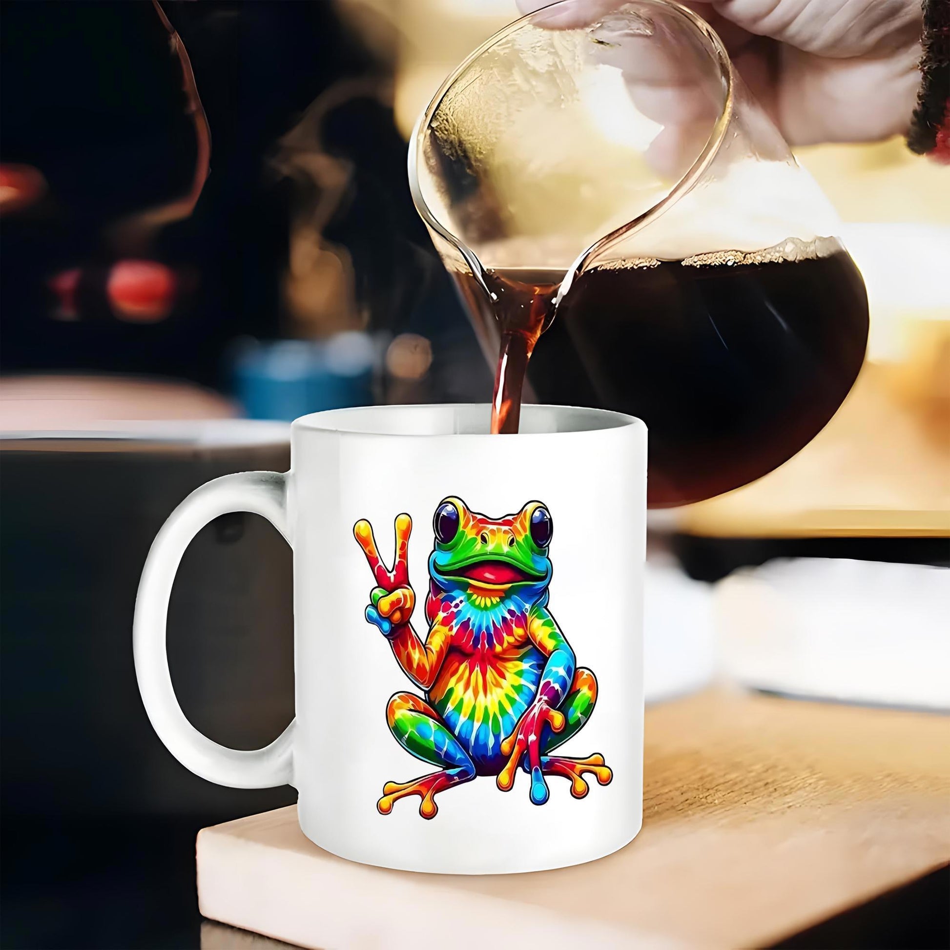 Tailorly White Ceramic 11 oz Mug - Vibrant Rainbow Tie Dye Design Featuring A Sitting Peaceful Zen Frog