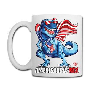 Tailorly White Ceramic 11 oz Mug - Amerisaurus Rex Patriotic Blue T Rex Wearing Sunglasses And American Flag Cape Dinosaur