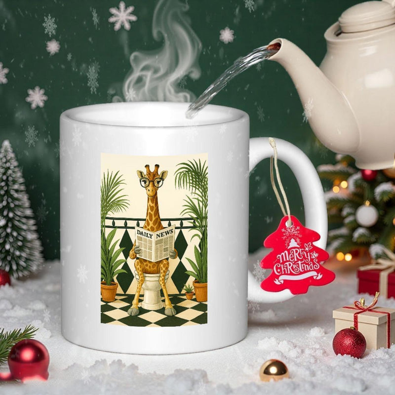 Tailorly White Ceramic 11 oz Mug - Daily News Whimsical Animal Reading Newspaper Sitting On Toilet Surrounded By Potted Plants Giraffe