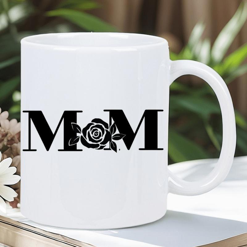 Tailorly White Ceramic 11 oz Mug - Mom Elegant Black Silhouette Of A Blooming Rose Between Bold Letters Rose