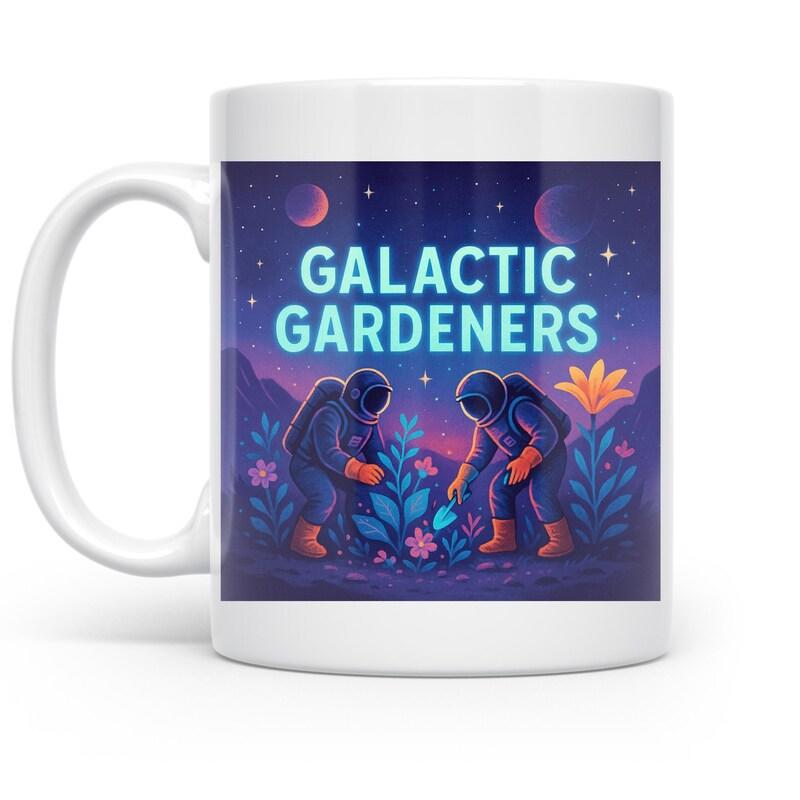 Tailorly White Ceramic 11 oz Mug - Galactic Gardeners Two Brave Astronauts Tending Colorful Alien Plants Under A Starry Cosmic Sky Astronaut