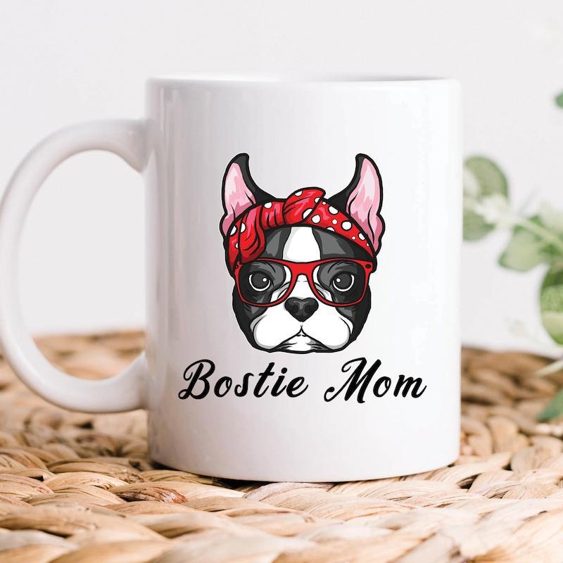 Tailorly White Ceramic 11 oz Mug - Bostie Mom Adorable Boston Terrier Wearing Red Polka Dot Bandana And Red Glasses Dog