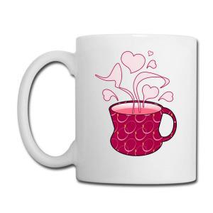 Tailorly White Ceramic 11 oz Mug - Pink Hearts Floating Above Steaming Patterned Hot Drink Cup
