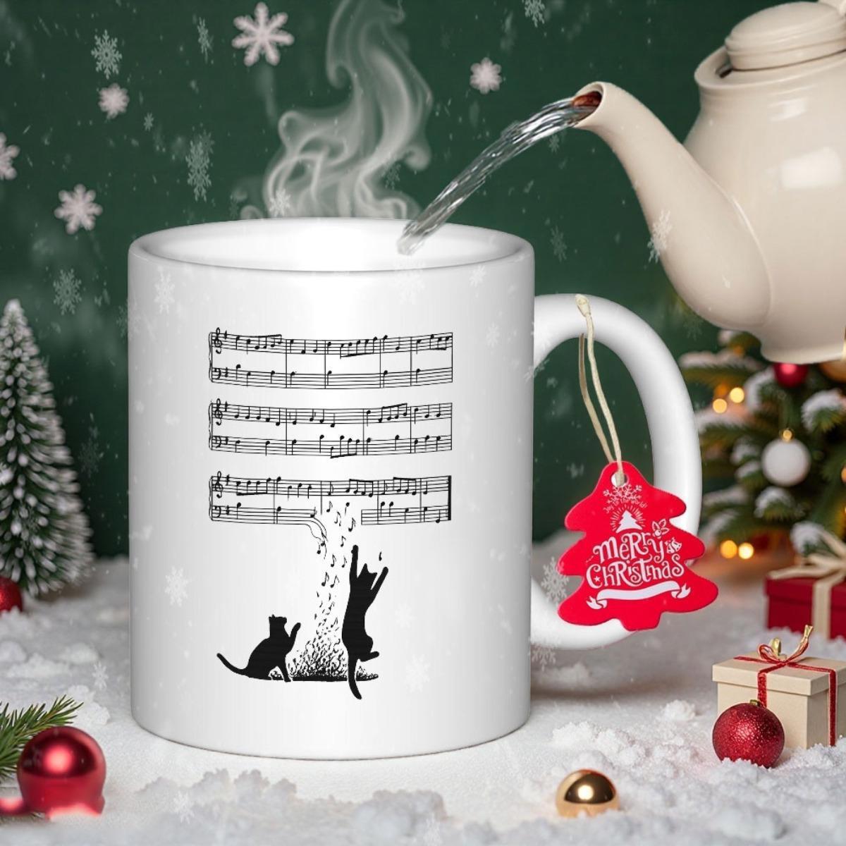 Tailorly White Ceramic 11 oz Mug - Musical Staff With Notes Floating Above Playful Black Feline Cat