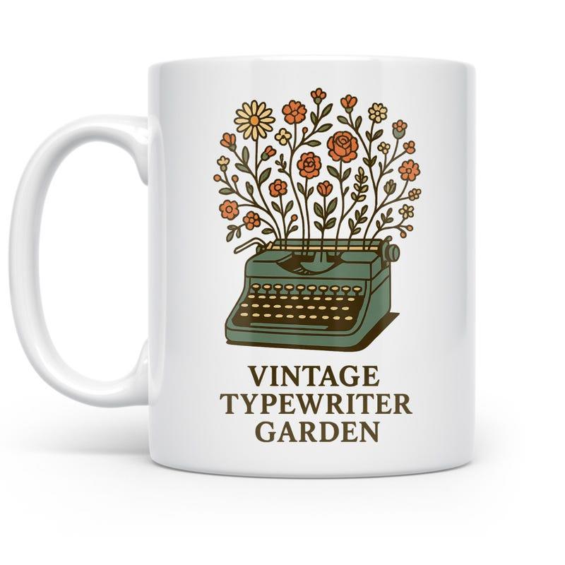 Tailorly White Ceramic 11 oz Mug - Vintage Typewriter Garden Colorful Blooming Flowers Growing From A Retro Teal Antique Typewriter