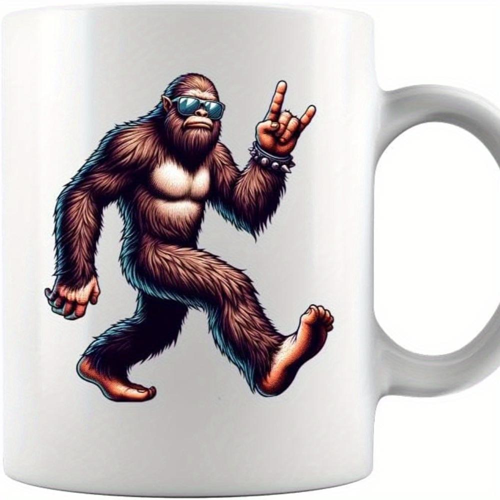Tailorly White Ceramic 11 oz Mug - Cool Hairy Creature Walking With Shades Making Rock Hand Sign Bigfoot